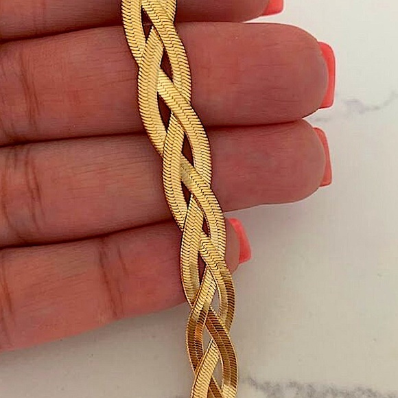 Braided Twisted Gold Plated Herringbone Snake Necklace Matching Bracelet Set - Picture 6 of 6